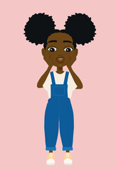 Petite fille noire couettes afro surprise choquée inquiète salopette vecteur