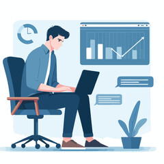  man working on his laptop, vector illustration
