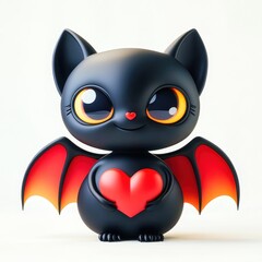 Cute cartoon bat holding a red heart, a 3d render