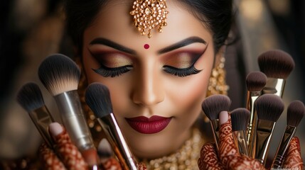 Bridal makeup, wedding makeup, Indian bride holding makeup brushes, closeup