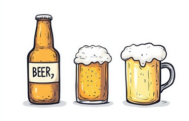 Canned beer, bottles of beer, and mugs with foam icons in a doodle style, beer elements. a bottle and can with the label "BEER," and a mug of foam