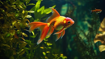 Goldfish thrive in freshwater aquariums adorned with lush green plants, creating a vibrant and natural tropical ambiance. 