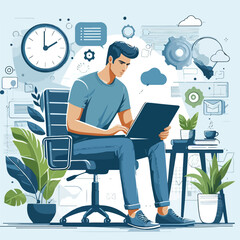  man working on his laptop, vector illustration