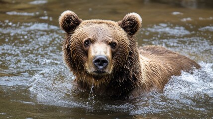 Obraz premium Grizzly bear swimming in a freshwater lake in a forest during the summer afternoon