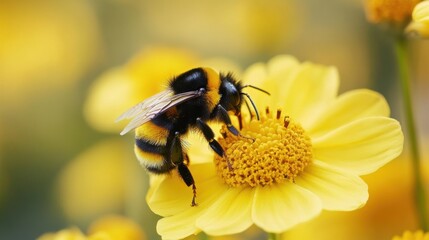 A bumblebee pollinates a vibrant yellow flower in a sunny garden during springtime