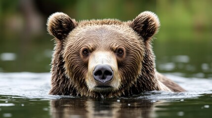 Obraz premium Grizzly bear swimming in calm waters of a forested lake during early morning light