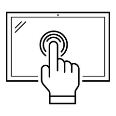 Vector icon for Touch Screen. Finger touching a screen representing digital interaction in a monochromatic outline.
