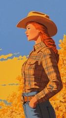 background image of a cowboy woman, western illustration style, western.  