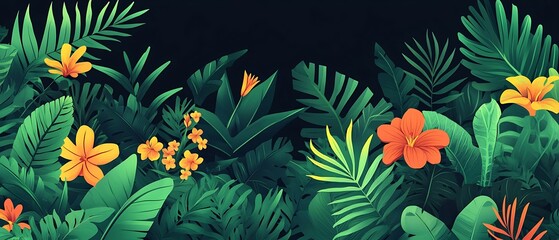 Flowers on a tropical forest pattern background