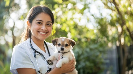 Veterinary professional smiles while holding a young puppy in a sunny outdoor setting