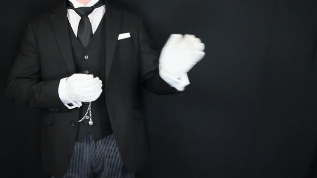 Butler or Hotel Concierge in Formal Dark Suit and White Gloves Making a Welcoming Gesture With Arm. Service Industry and Professional Hospitality.