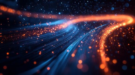 Obraz premium A dynamic abstract background featuring flowing lines and glowing particles in vibrant orange and blue tones, creating a sense of movement and depth