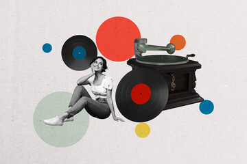 Creative poster collage of young girl listen music vinyl record have fun bizarre unusual fantasy...