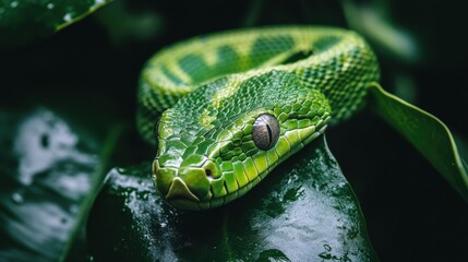 Green python resting on lush green leaves in a tropical rainforest during the daytime