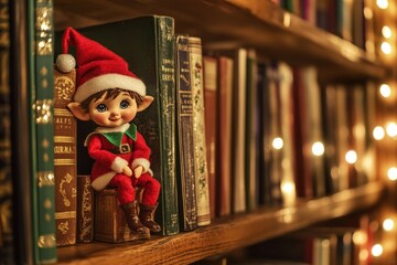 Christmas Elf Figurine Sitting on a Bookshelf with Warm Lights