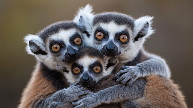 Three playful lemurs sharing a warm embrace in a natural setting during the late afternoon