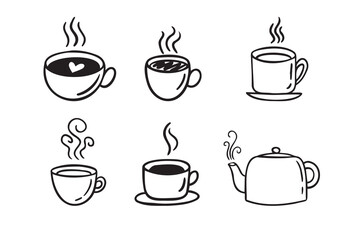 Hand drawn hot drinks set. Doodle coffee cups white background. Coffee, tea, cappuccino, espresso, latte, americano, hot chocolate