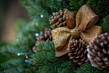 Gold Glitter Bow and Pine Cones on Green Fir Branches