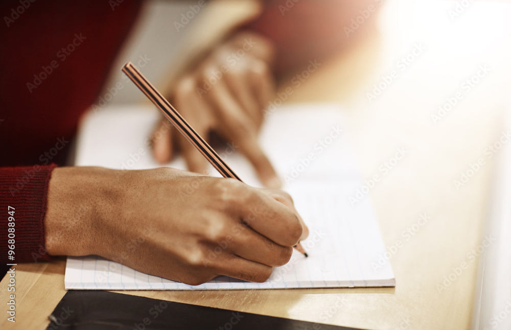 Aufkleber writing, education and hands of person in university for research, notes and syllabus information. s