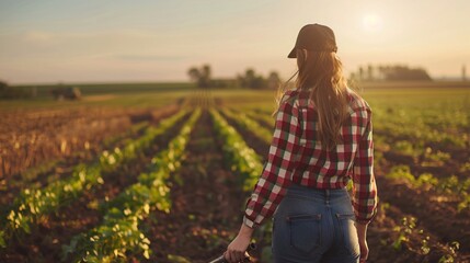 Female farmer examining crops in a vibrant green field, copy space 