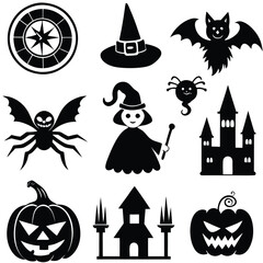halloween set. pumpkin, skull, broom, headstone, spider, cobweb, crows, dead man's hand, witch hat, cauldron, bats. silhouette graphics. vector