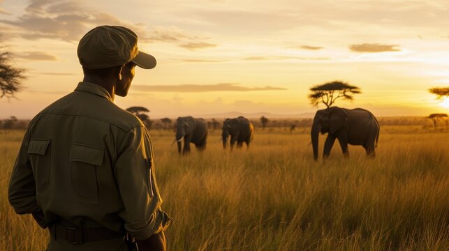 Wildlife ranger observes elephants in the savannah at sunset in Africa