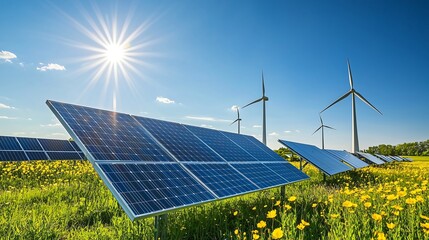 Solar Panels and Wind Turbines In Field.