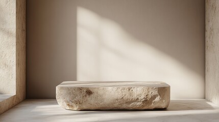 A minimalist interior featuring a large stone table illuminated by soft sunlight, set against a neutral wall in a serene, modern space