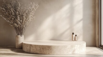 A minimalist interior featuring a circular stone platform, soft lighting, and a decorative vase with dried flowers, creating a serene and modern atmosphere