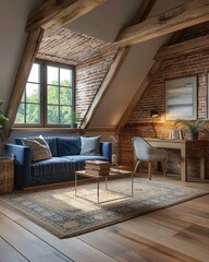 Elegant Modern Attic Office with Navy Blue and Linen Decor, Bathed in Golden Hour Light