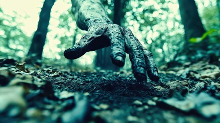 Fototapeta premium Dirty hand reaching out from forest floor covered in leaves