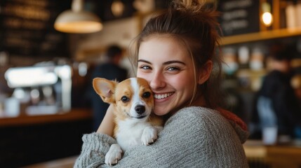 Young woman joyfully embraces a small dog in a cozy café during midday