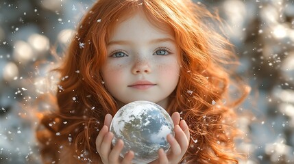 Naklejka premium Young girl with red hair holding a globe in her hands, with snowflakes falling around her.