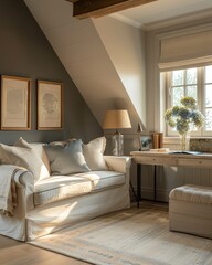 Modern Navy Blue and Linen Attic Office at Golden Hour: Serene Workspace with Stylish Decor