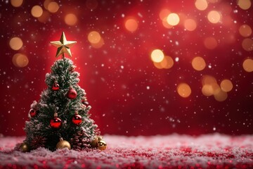 Obraz premium Small Decorated Christmas Tree on Snowy Red Background with Sparkling Lights