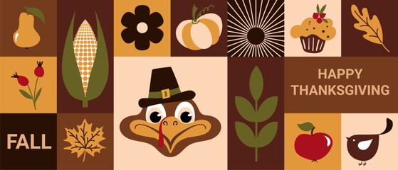 Autumn geometric collage. HAPPY THANKSGIVING. Mosaic illustration. A set of design elements in a flat style. Vector poster, postcard, banner, invitation. Suitable for branding, packaging decoration.