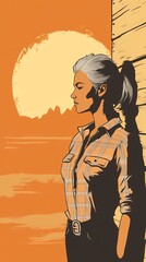 background image of a cowboy woman, western illustration style, western.  