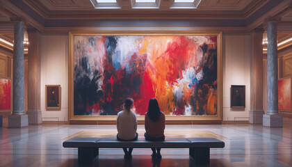 Modern art gallery features large, vibrant abstract painting flanked by other artworks. Two people sit on bench engrossed in art, dived in art and silence.