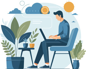  man working on his laptop, vector illustration