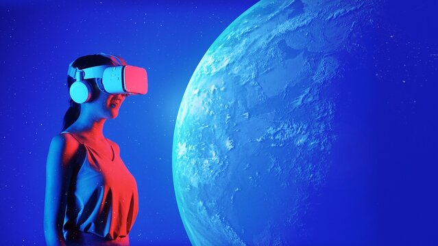 Woman in VR glasses looking rotating earth surface turning to metaverse world in future global innovation interface digital 3D infographic network technology visual hologram animation. Hallucination.