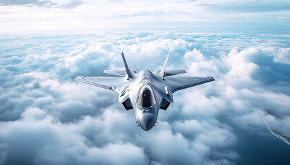 Top view of modern Fighting stealth multirole combat aircraft flying above clouds over deserted dry mountains and desert below. Military technology and defence industry concept