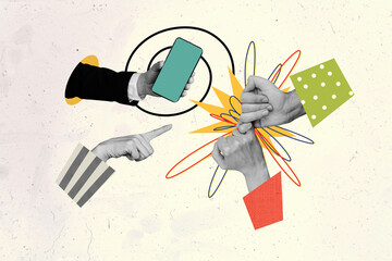 Creative image collage human hands body fragments peace friendship fingers bonding relationship finger point smartphone touchscreen