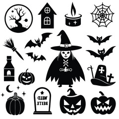 Fototapeta premium halloween set. pumpkin, skull, broom, headstone, spider, cobweb, crows, dead man's hand, witch hat, cauldron, bats. silhouette graphics. vector
