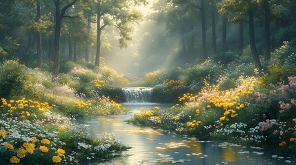Fototapeta premium A misty forest scene with a small waterfall and wildflowers along a stream.