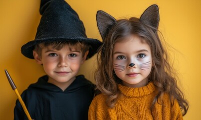 A boy dressed as a wizard and a girl with cat face paint, posing together in Halloween costumes.