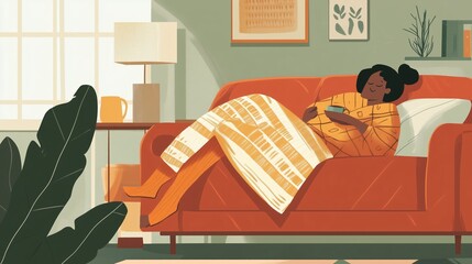 A woman relaxes on a cozy orange couch, wrapped in a blanket, enjoying her phone in a warmly decorated living room during the afternoon