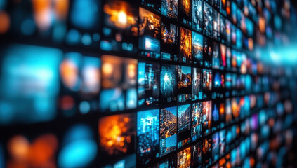 Wall of televisions displaying various colorful broadcasts
