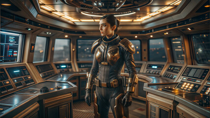 Star Commander, Futuristic female astronaut in a high-tech control room