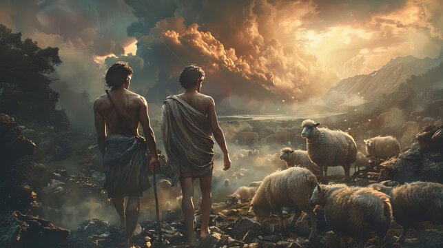 Cain and Abel with sheep, Religious concept of Sibling Rivalry.