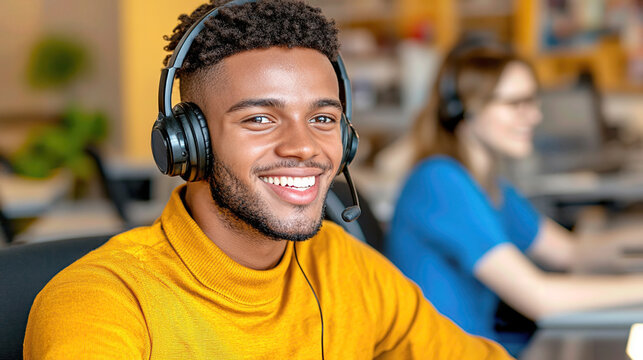 A cheerful call center operator smiles while wearing headphones, showcasing a positive customer service experience.